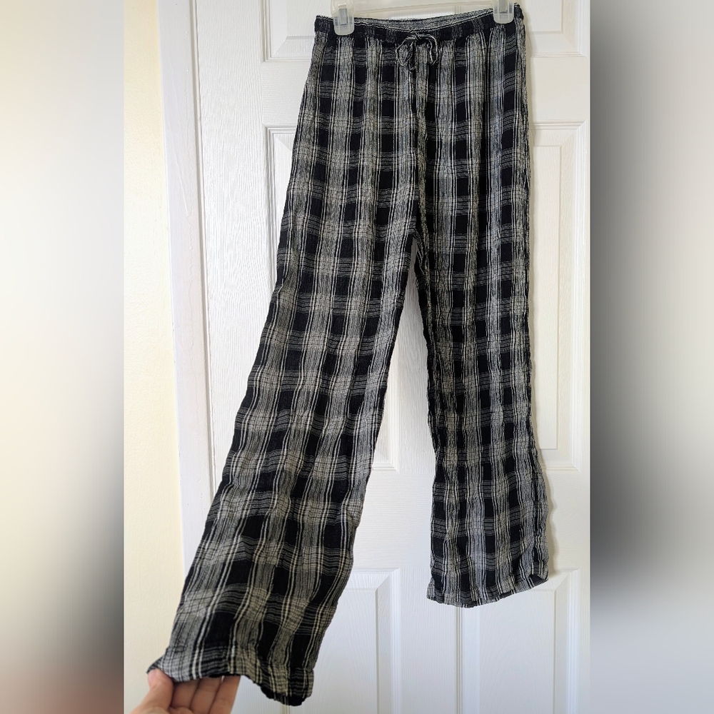 Vintage Free People Rayon Black & White Plaid Print Pants Size Medium